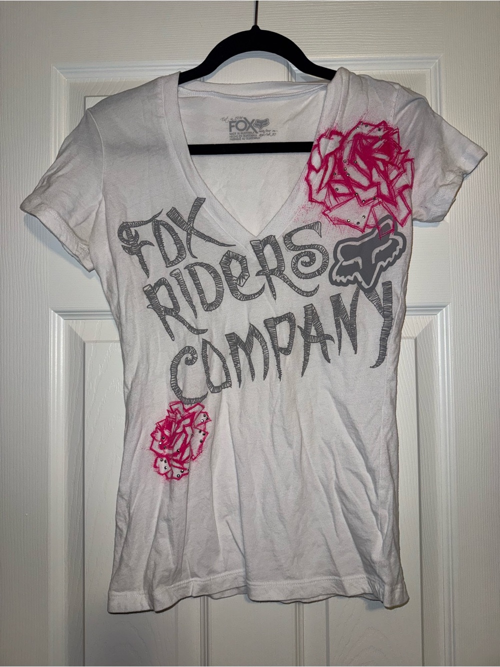 Fox White V-Neck Graphic Tee with Pink Floral Accents